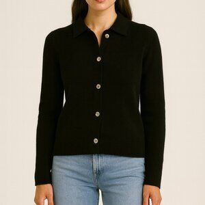 Vintage Neiman Marcus 100% Cashmere Button Front Collared Cardigan Black Size L